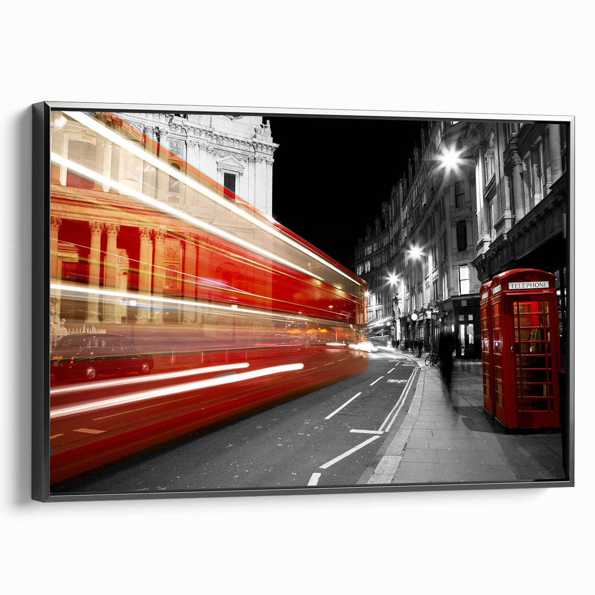 Black and white vintage poster art of London scenery on framed canvas, suitable for bedroom wall decor.
