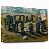 Acrylic print of Stonehenge in muted earth tones, ideal for dining room decor.