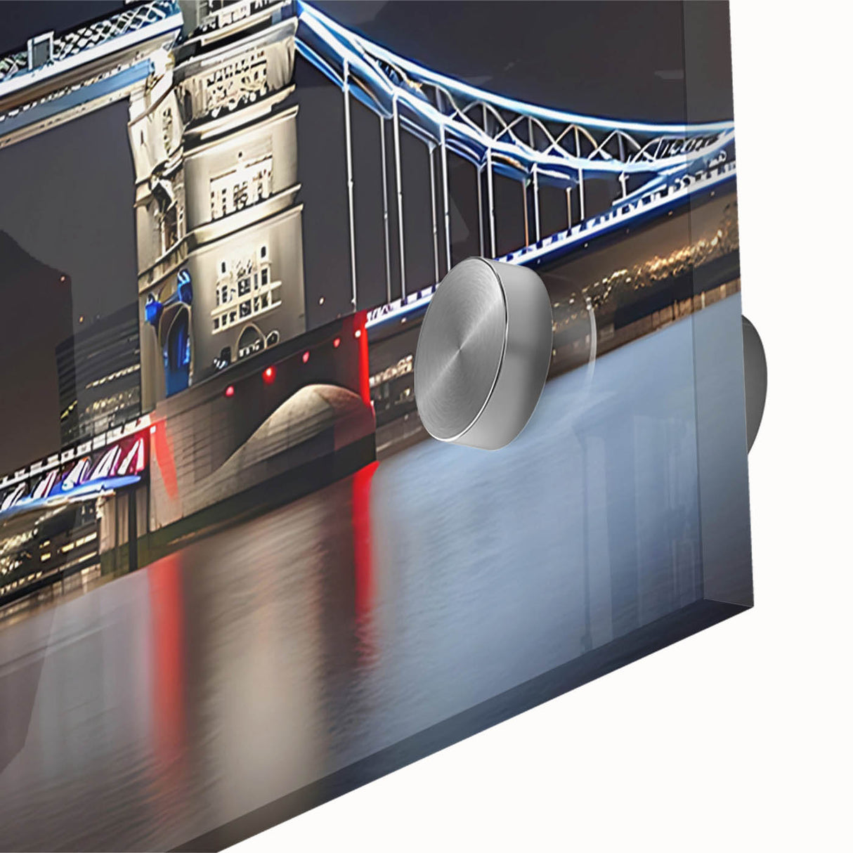 Acrylic glass print of Tower Bridge with muted gray and blue tones.