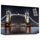 Acrylic print of Tower Bridge in muted gray and blue tones, ideal for bedroom or dining room art.