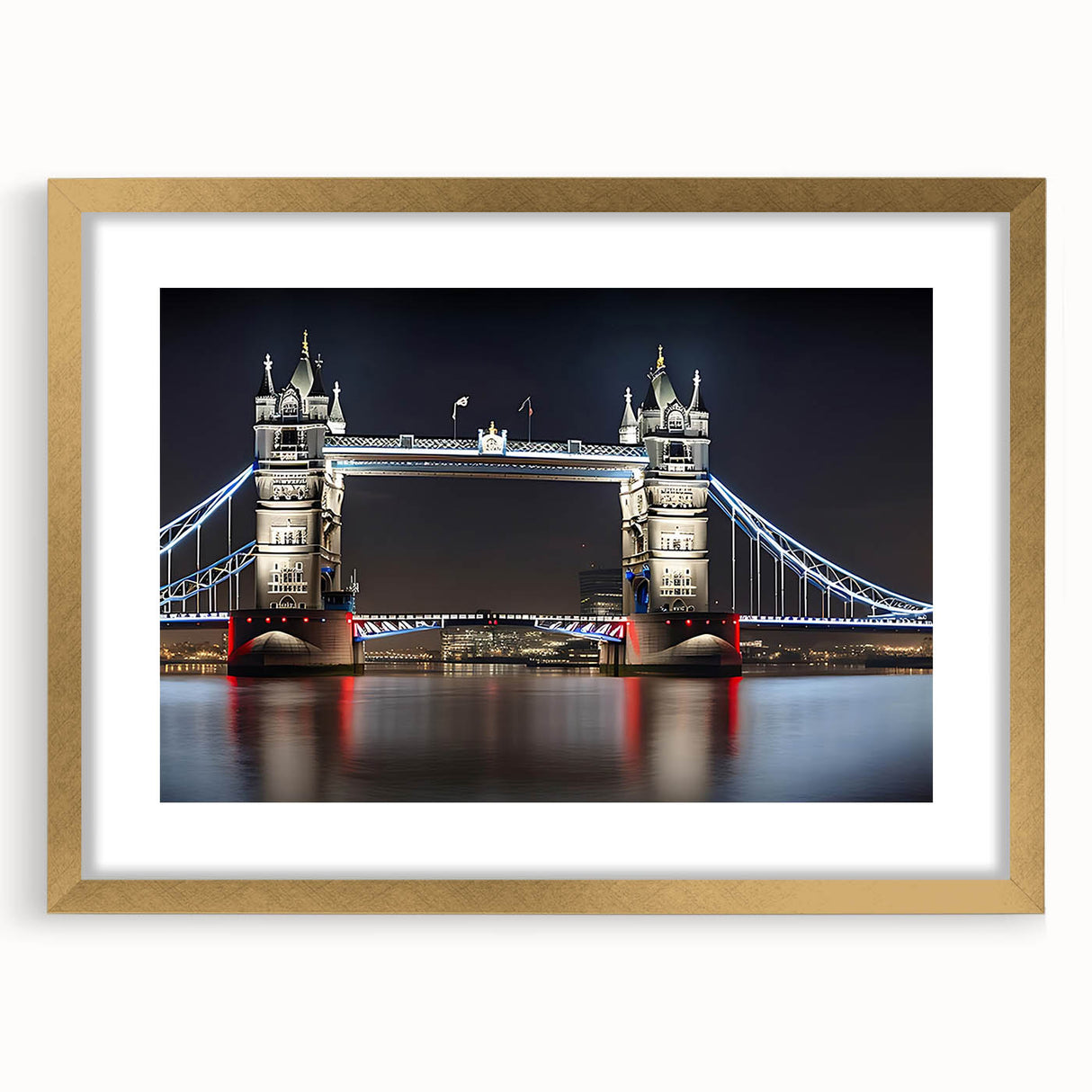 Abstract art print of the Tower Bridge in muted gray and blue tones on a framed canvas, ideal for dining room decor.