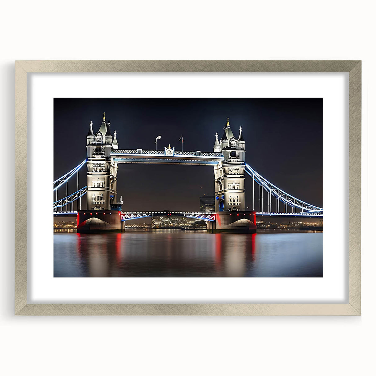Extra large abstract print of Tower Bridge with textured silver frame, ideal for living room decor.