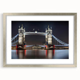Extra large abstract print of Tower Bridge with textured silver frame, ideal for living room decor.