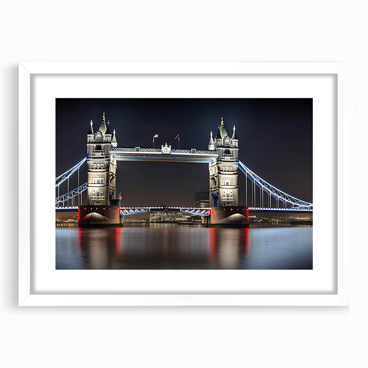 Textured art print of Tower Bridge in muted gray and blue tones on a framed white mat, ideal for modern bedroom ambiance.
