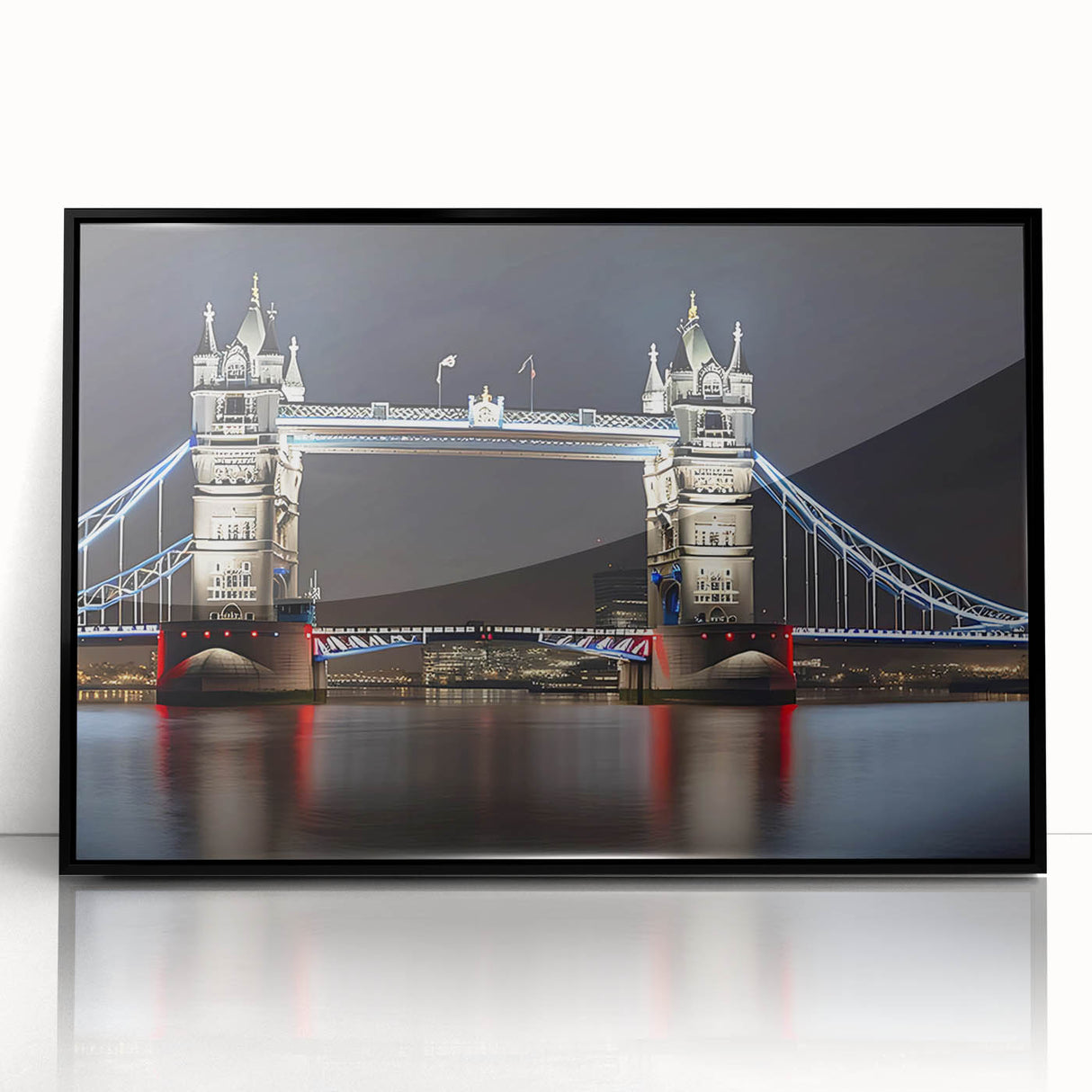 Large abstract wall art of Tower Bridge in muted gray and blue tones on framed acrylic, suitable for modern art wall decor.