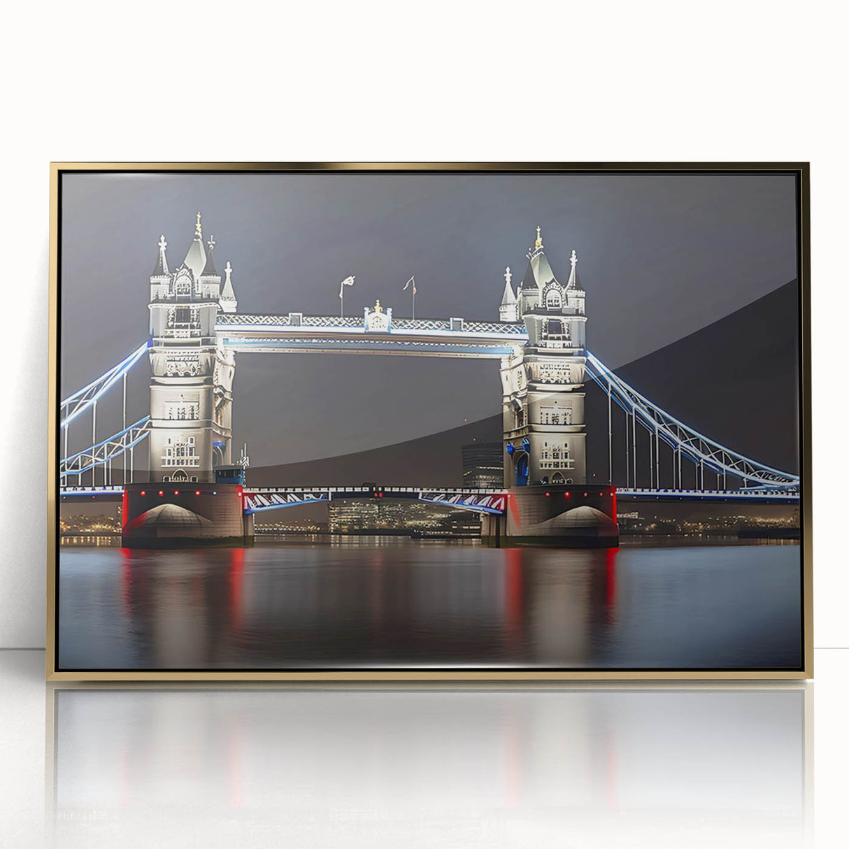 Art deco poster of Tower Bridge in muted gold tones on acrylic, ideal for modern art wall decor.