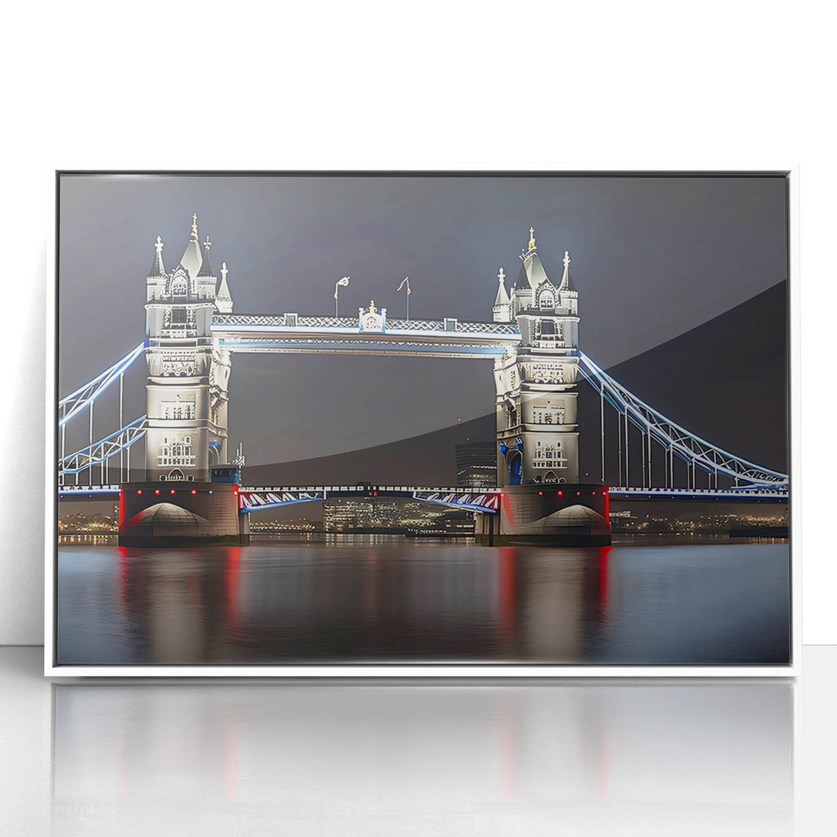 Mid-century modernist art of Tower Bridge in muted gray tones on a framed acrylic, ideal for modern art wall decor.