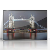 Mid-century modernist art of Tower Bridge in muted gray tones on a framed acrylic, ideal for modern art wall decor.