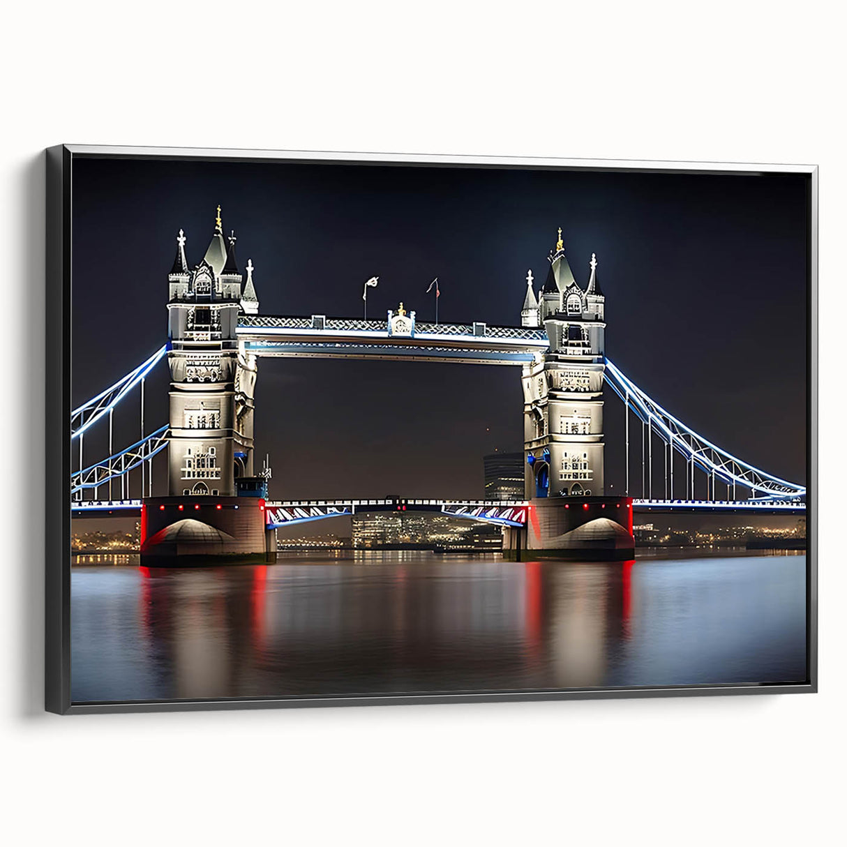 Black and white wall art of the Tower Bridge in London on a framed canvas, suited for bedroom decoration.