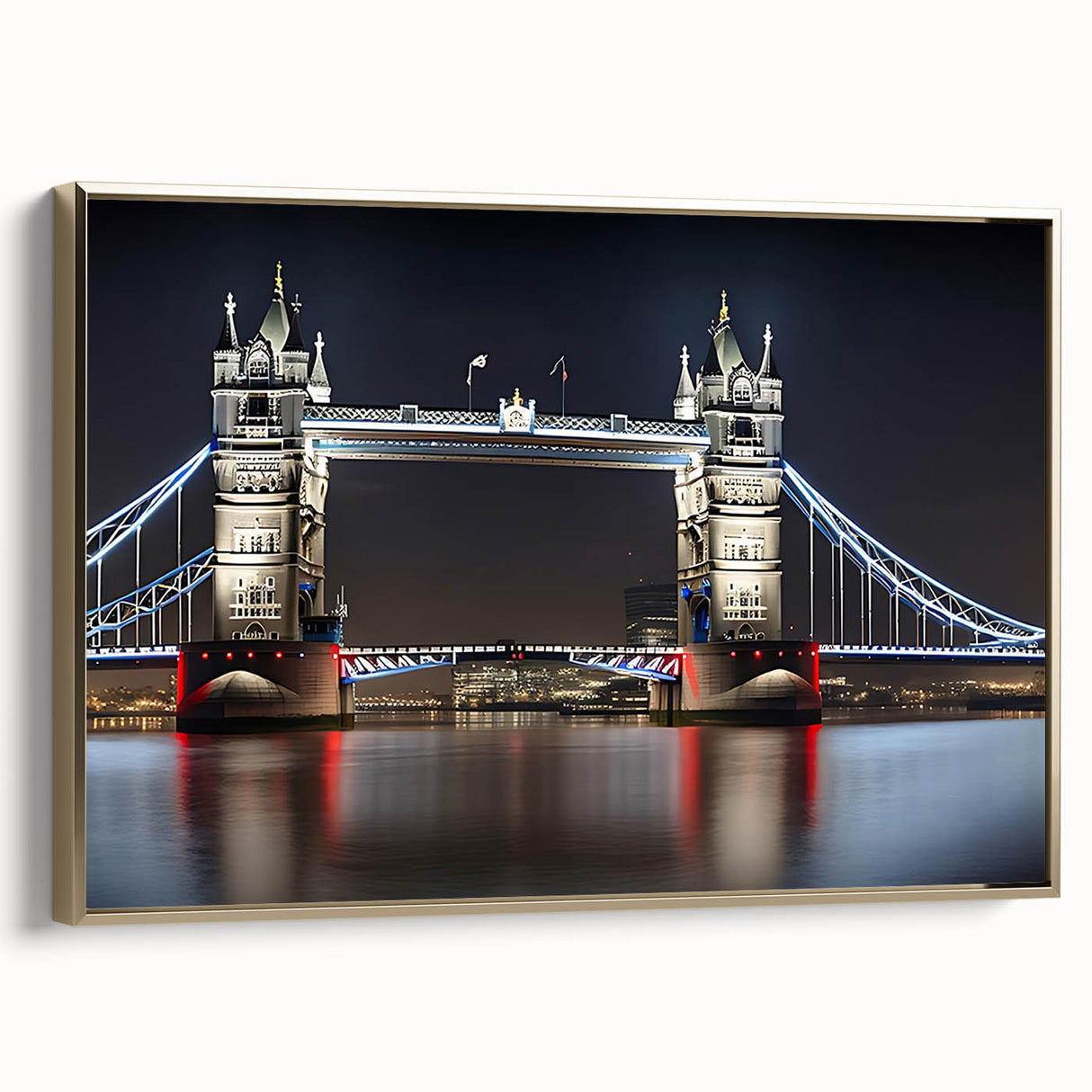 Framed canvas of Tower Bridge in black and gold tones, ideal for bedroom wall art.