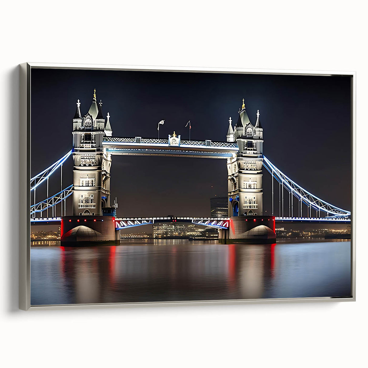 Landscape art painting of Tower Bridge in muted gray and silver tones on a framed canvas.