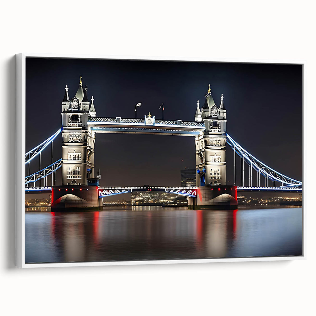 Vintage poster art of Tower Bridge in muted colors on a framed canvas, ideal for living room decor.