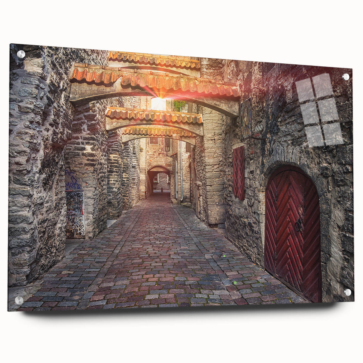 Acrylic glass print of a serene Estonian landscape, with muted green and blue tones, ideal for dining room decor.