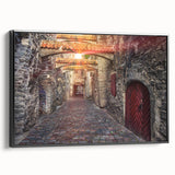 Black and white framed canvas depicting a vintage European landscape, ideal for bedroom wall art.