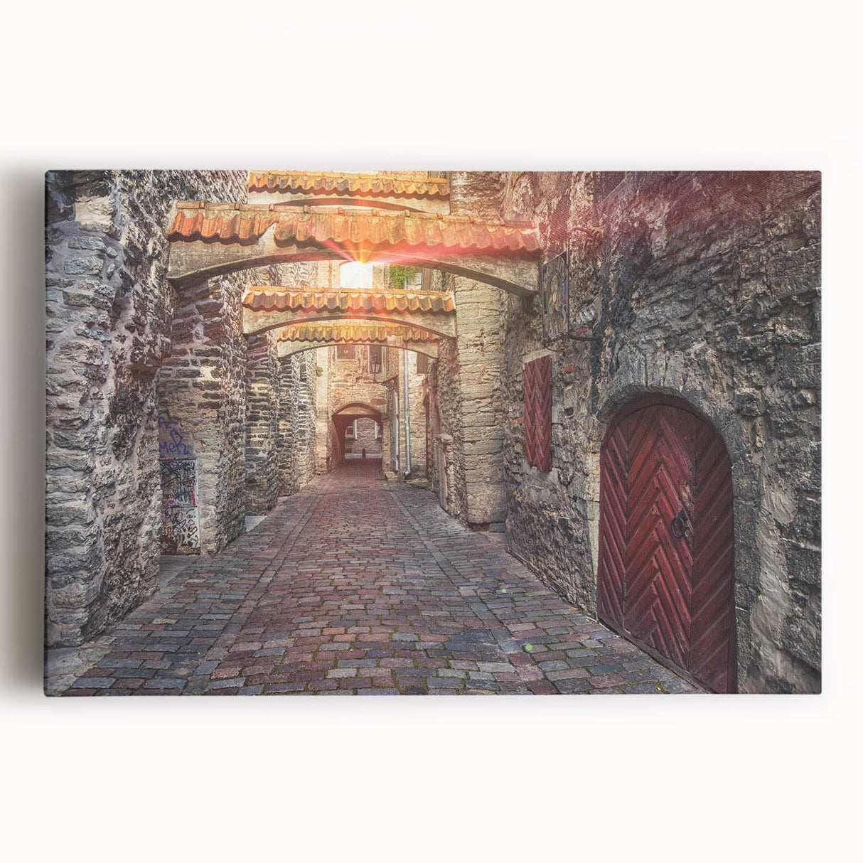Black and white photo of a European cityscape on stretched canvas, ideal for kitchen wall art or bedroom ambiance.
