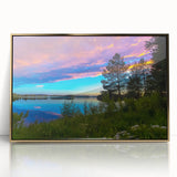Acrylic print of a serene Finnish landscape in subtle gold and blue tones, ideal for modern art wall decor.