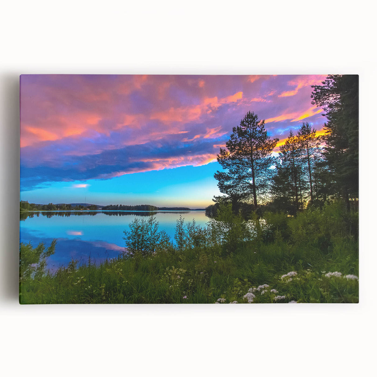 Black and white photograph of a serene Finnish landscape on stretched canvas, ideal for kitchen wall art.
