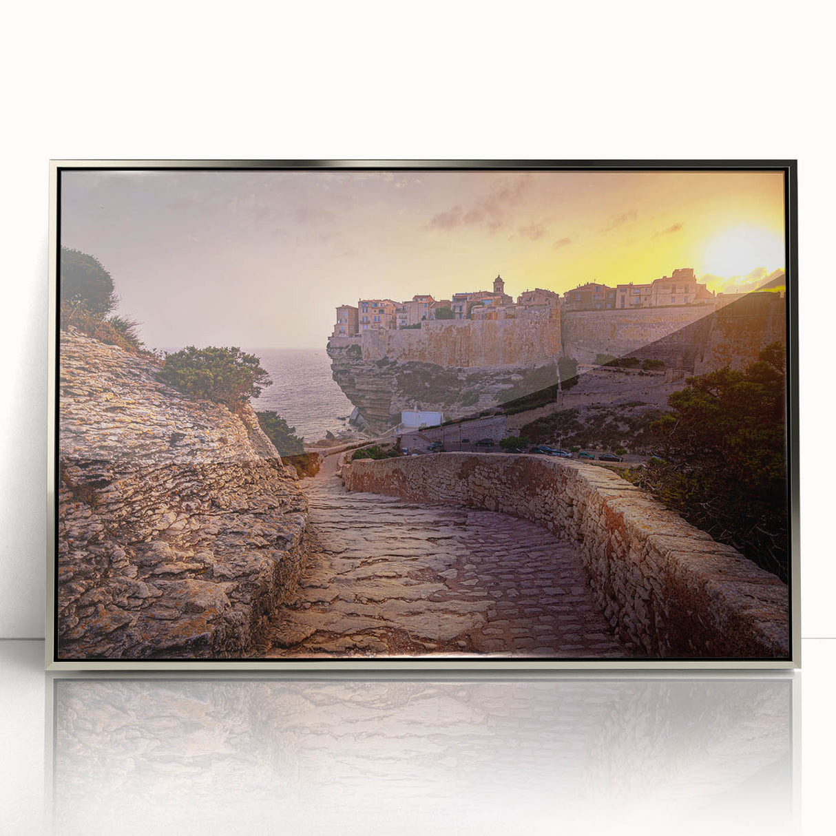 Large art print of a serene Corsican landscape in pastel shades, framed in silver acrylic, suitable for nursery wall art.