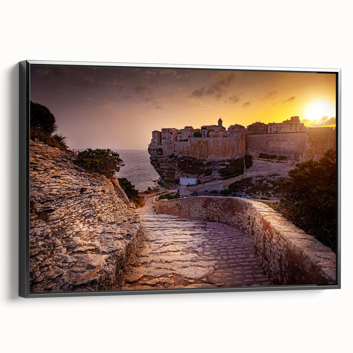 Black and white framed canvas of a Corsican landscape, featuring vintage poster art style, ideal for bedroom décor.