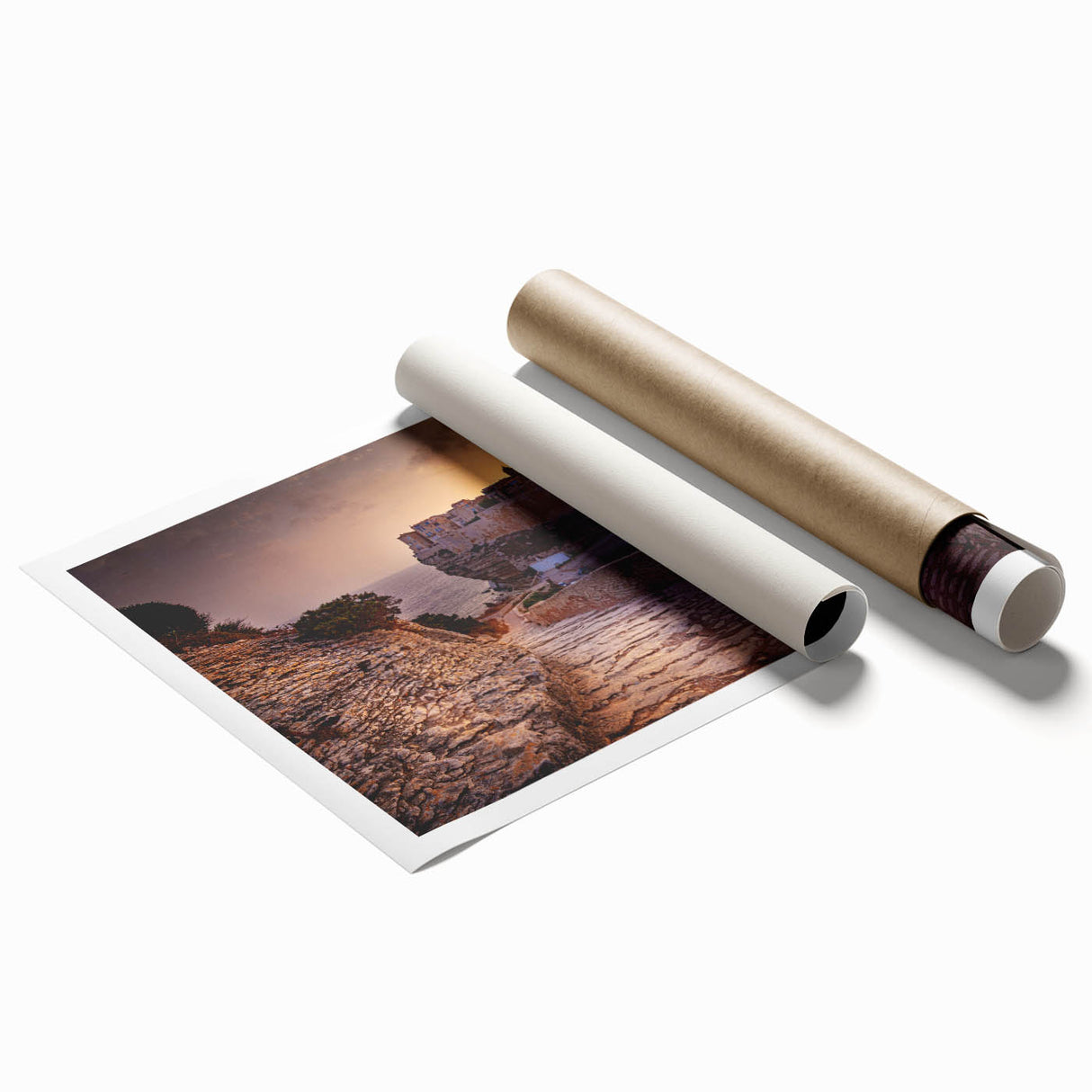 Extra large rolled print featuring a floral Corsican landscape in pastel hues, ideal for classy bathroom wall art.