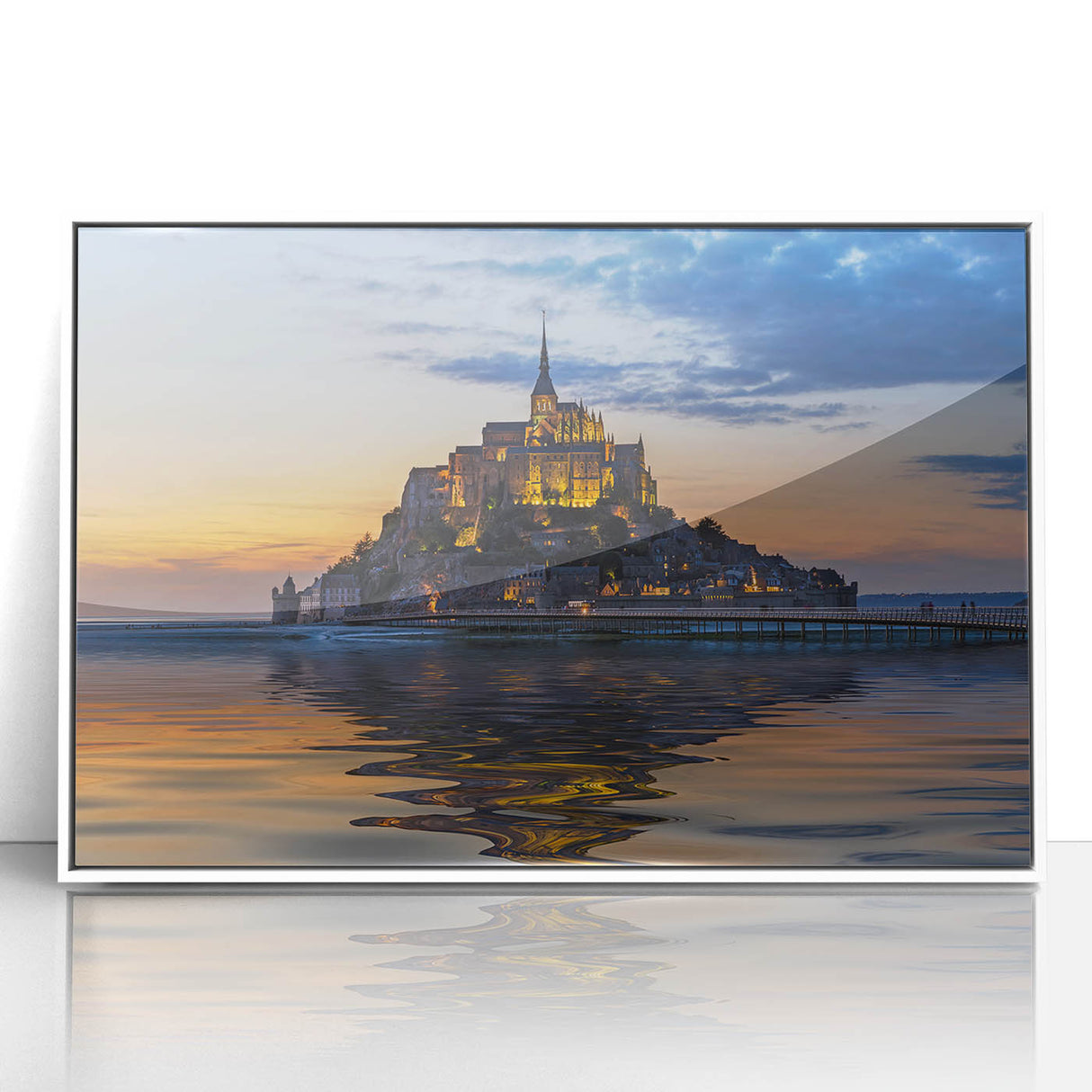 Art Deco poster of a French scenery in muted pastel colors, framed in white acrylic, suitable for modern nursery wall decor.