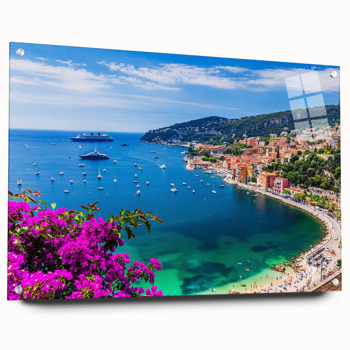 Acrylic print of a serene Nice, France scenery in muted blue and green tones, suitable for bedroom or dining room decor.