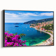 Black and white wall art featuring a vintage poster-style landscape of Nice, France, on framed canvas.