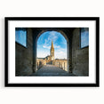 Extra large abstract art print of a colorful Normandy scenery on textured canvas, framed in black.