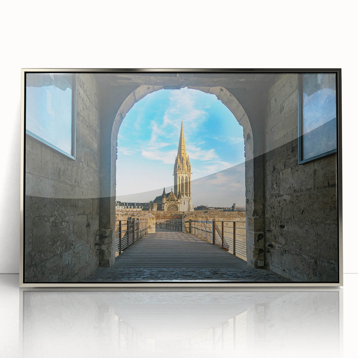 Large art print of a Normandy landscape in muted earth tones on a silver-framed acrylic, ideal for modern art wall decor.