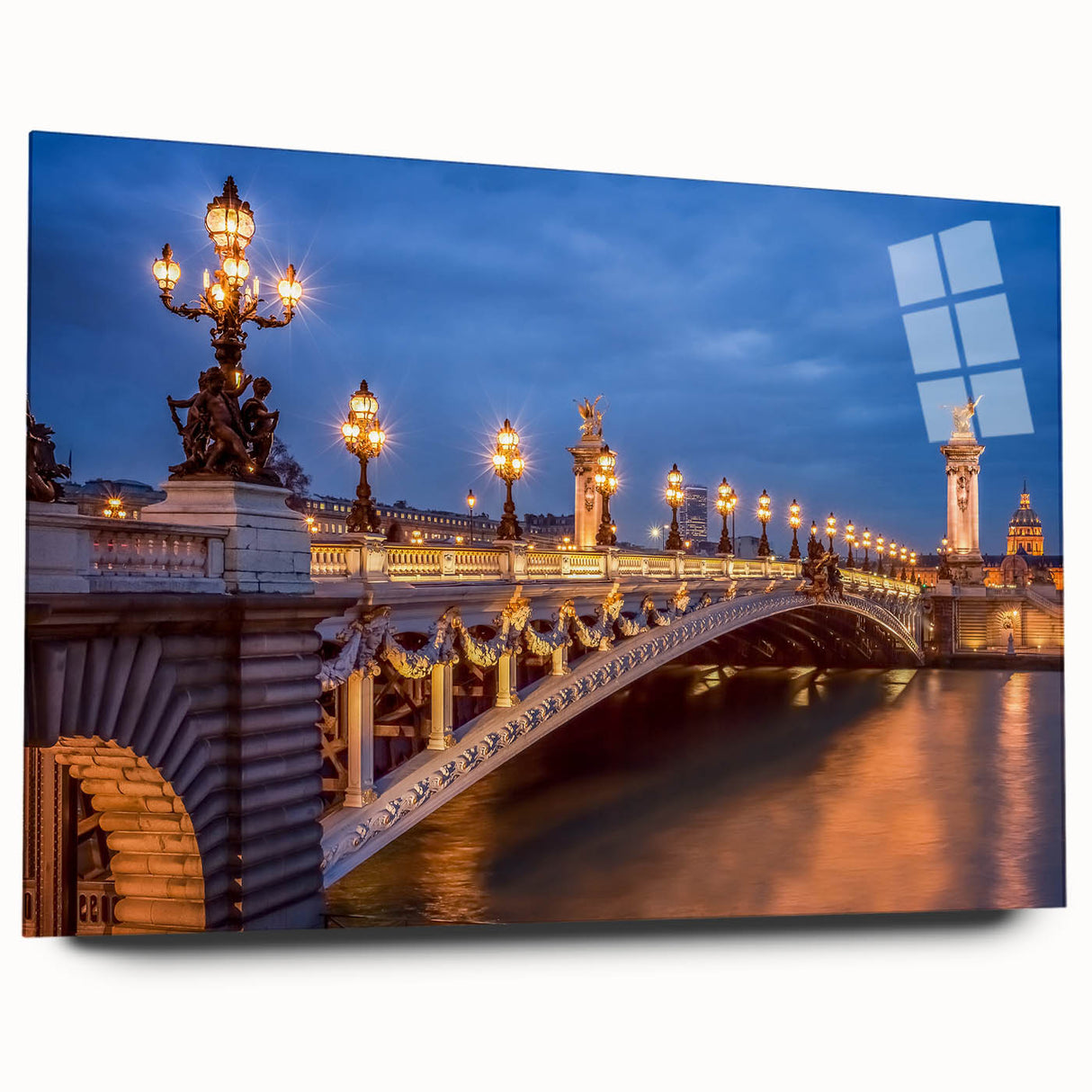 Acrylic print of a large abstract Paris cityscape in muted grays and blues, ideal for bedroom or dining room art.