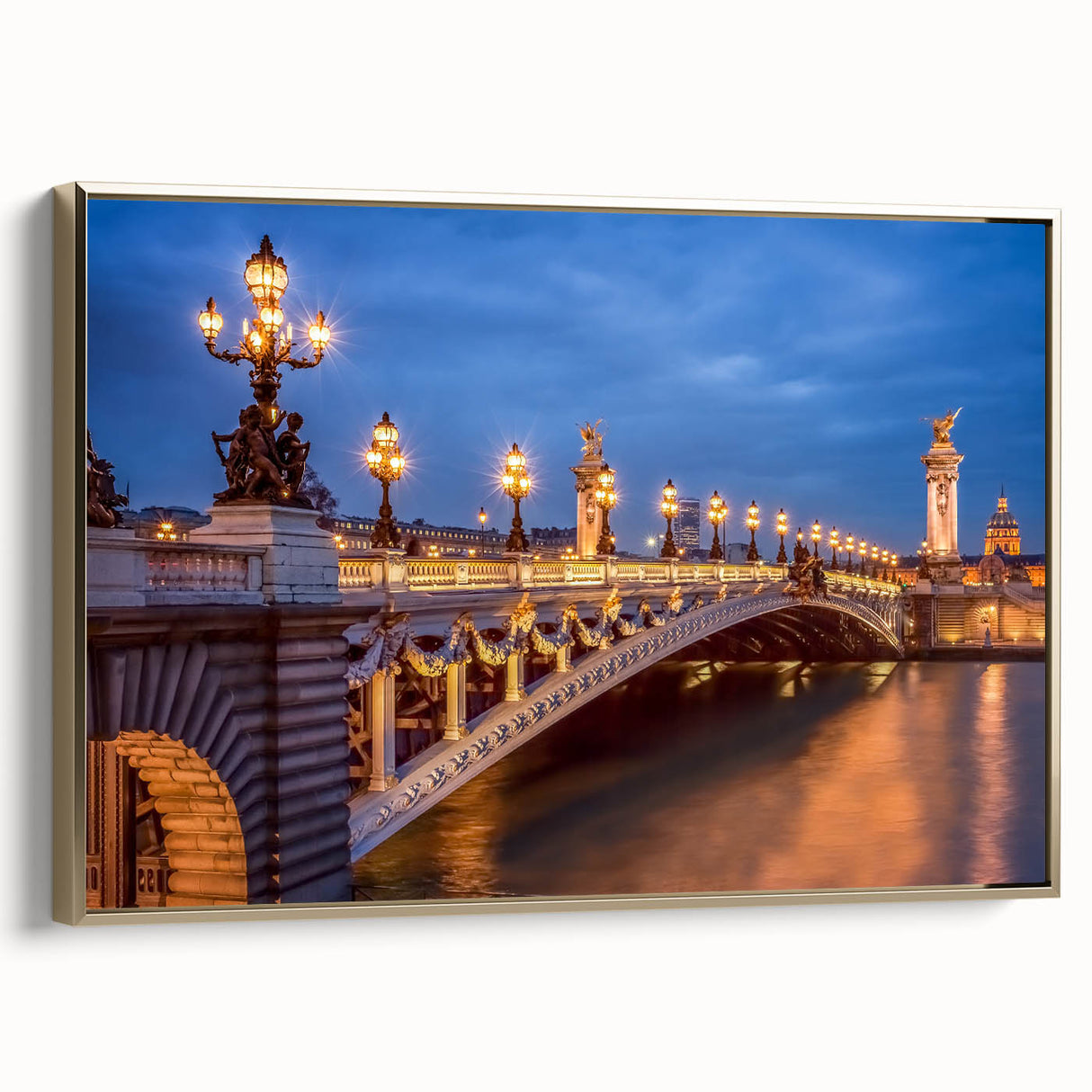 Vintage poster art of Paris landscape on framed canvas, featuring black and gold tones, ideal for bedroom wall decor.