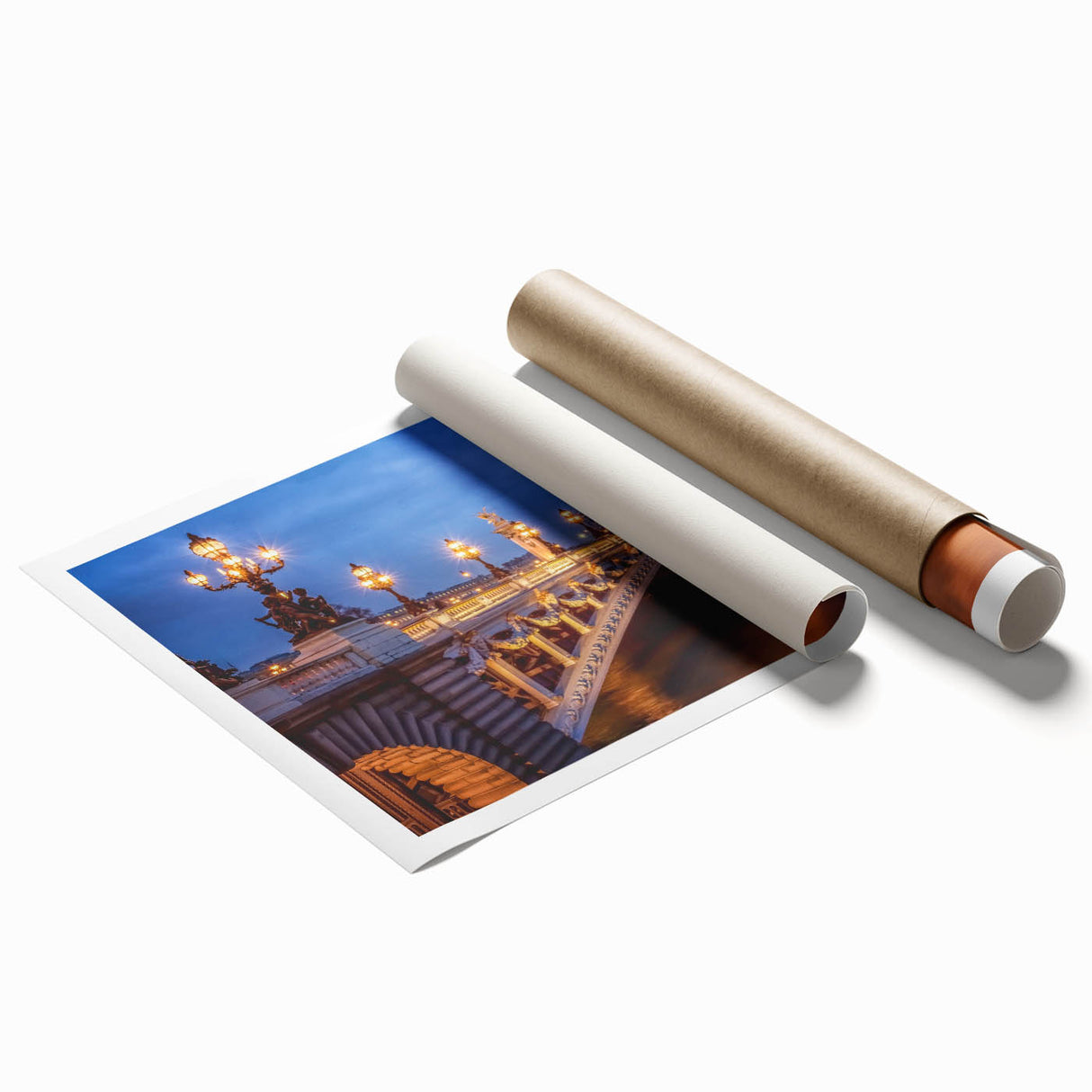 Extra large rolled print of a Parisian street scene with muted floral accents, ideal for classy bathroom wall art.