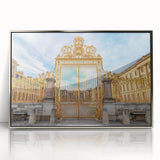 Large acrylic print of Versailles gardens in muted greens and blues, ideal for modern art wall decor.