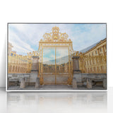 Mid-century modernist art depicting the Versailles palace in muted pastel shades, framed acrylic, ideal for nursery wall art.