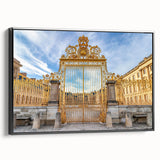 Black and white framed canvas featuring a vintage poster art of the Versailles landscape, ideal for bedroom decor.