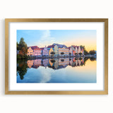 Abstract art print of a Bavarian landscape in muted earth tones on a gold-framed mat, ideal for dining room decor.