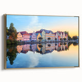 Framed canvas featuring a vintage-style landscape painting of Bavarian scenery, with muted earth tones.