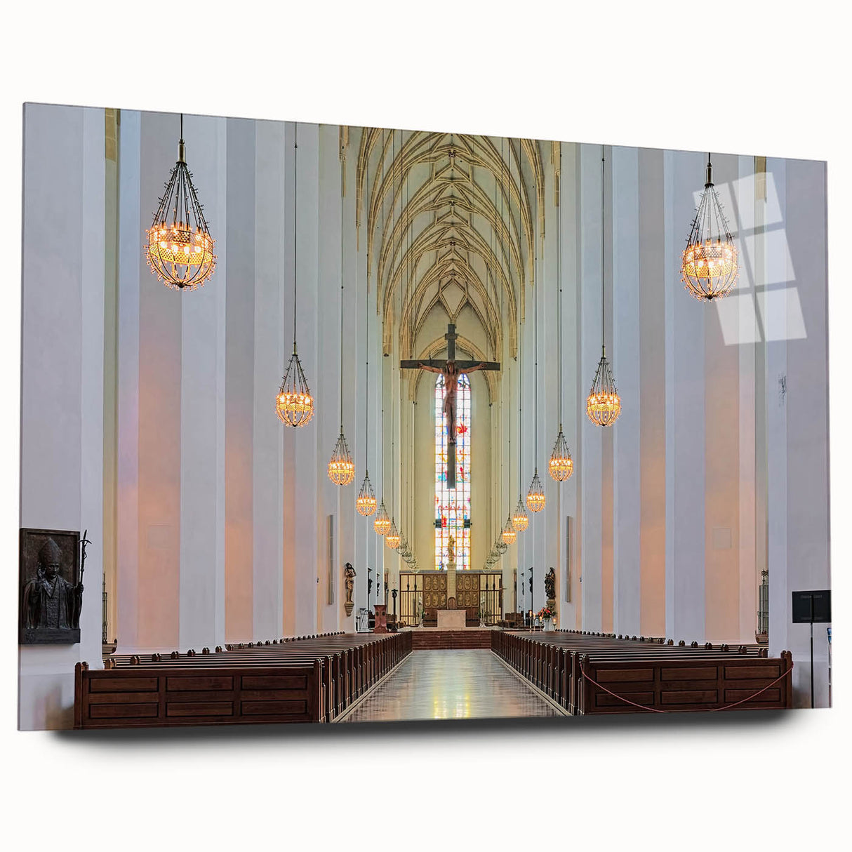 Acrylic print of a large abstract depiction of Munich in muted blue and gray tones, ideal for bedroom or dining room art.