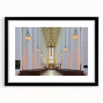 Abstract art print of a colorful Munich skyline in textured style on a large black-framed canvas.