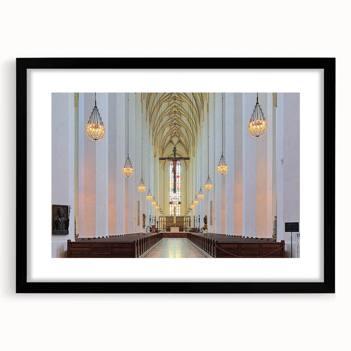 Abstract art print of a colorful Munich skyline in textured style on a large black-framed canvas.