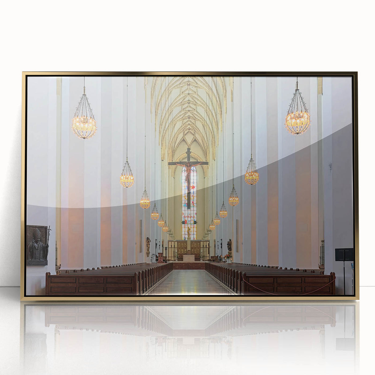 Art deco poster of Munich scenery in gold frame, featuring muted earth tones, ideal for modern art wall decor.
