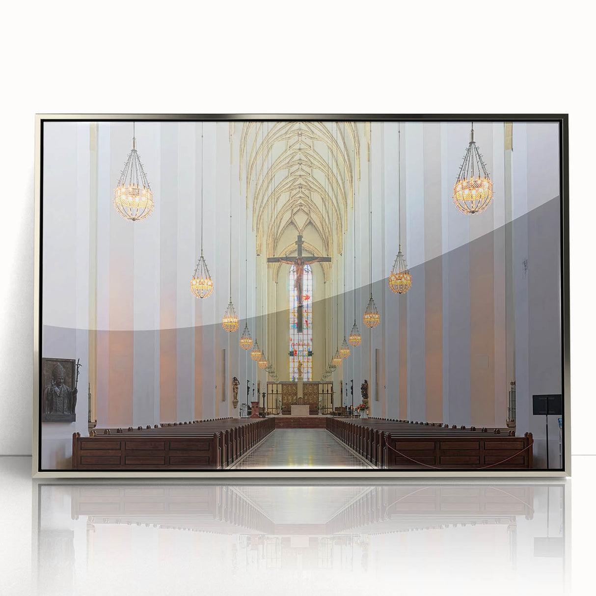 Mid-century modernist acrylic print of Munich scenery in muted colors, framed in silver, suitable for modern art wall decor.
