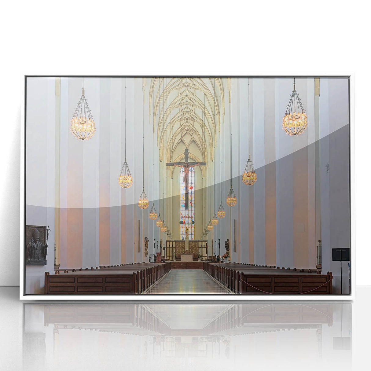 Mid-century modernist art depicting Munich skyline in muted gray and blue tones on a framed acrylic.