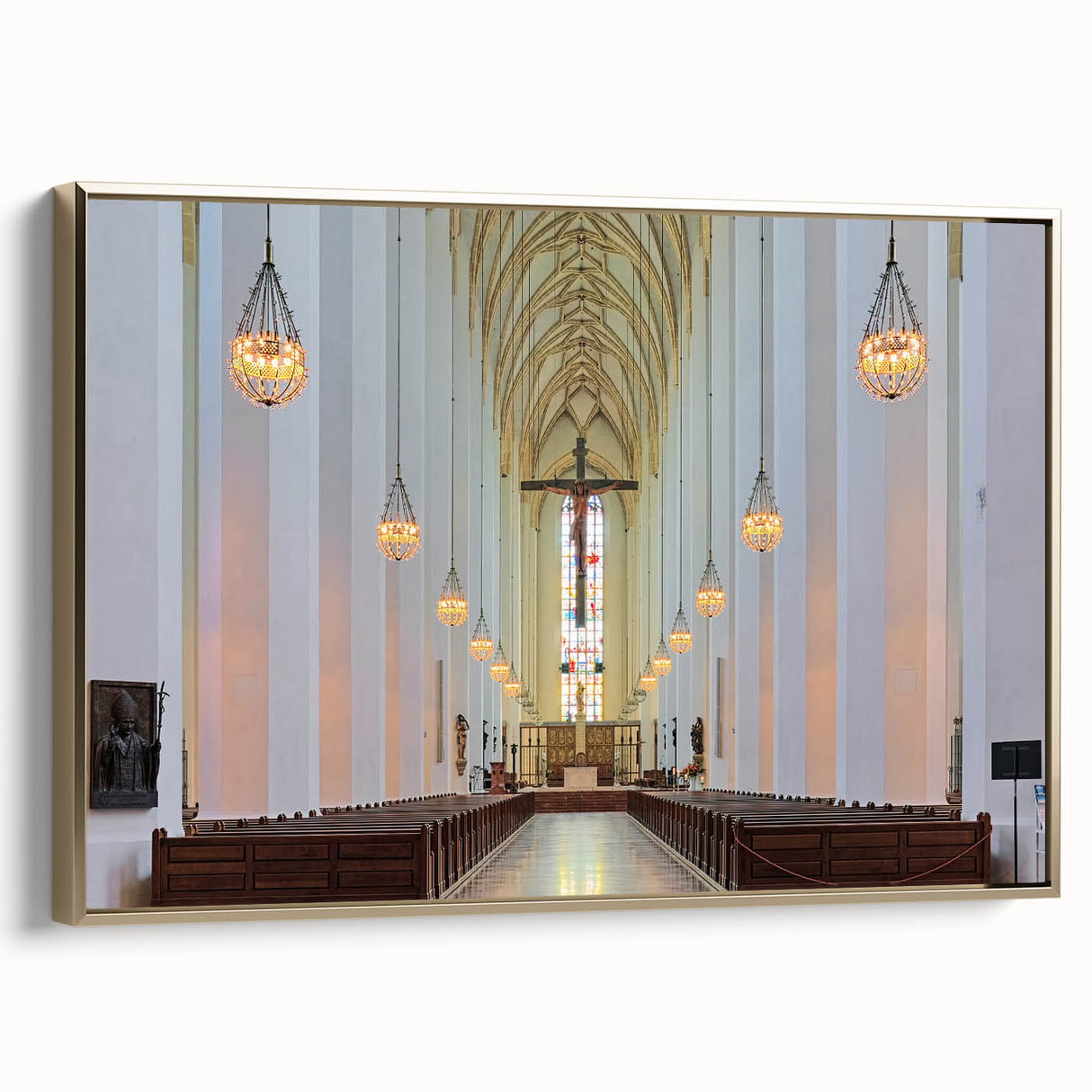 Framed canvas of a vintage-style Munich landscape in muted gold and black tones, ideal for bedroom wall art.