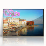Acrylic print of a European landscape in Crete, featuring muted earth tones, framed in silver.