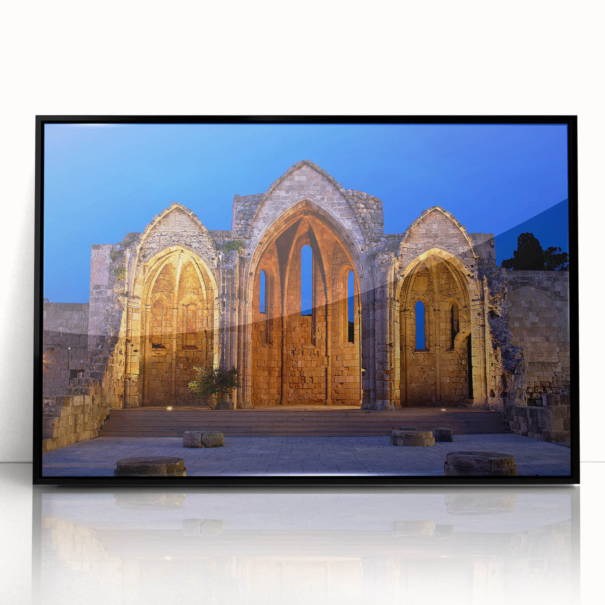 Large abstract wall art depicting a European scenery in Rhodes, Greece, with muted earth tones on a framed acrylic.