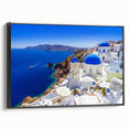 Framed canvas of a black and white vintage poster art depicting the Santorini landscape, ideal for bedroom wall decor.