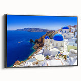 Framed canvas of a black and white vintage poster art depicting the Santorini landscape, ideal for bedroom wall decor.