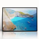 Large abstract wall art depicting a European Greek scenery in muted earth tones, framed in black acrylic.