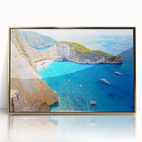 Art deco poster of a European Greek landscape in muted gold and blue tones, acrylic print, ideal for modern art wall decor.